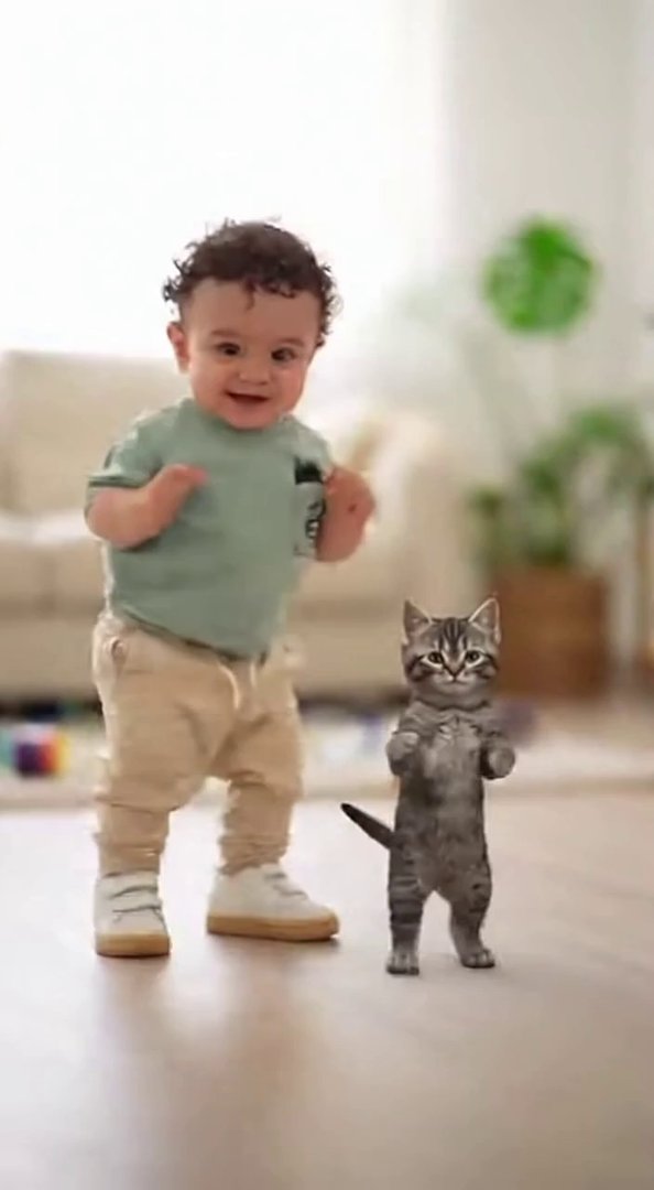 [Sora 2] Vidéo réaliste en format vertical style TikTok viral. Un bébé d’environ un an, habillé d’un tee-shir... - Veo 3 AI video prompt thumbnail