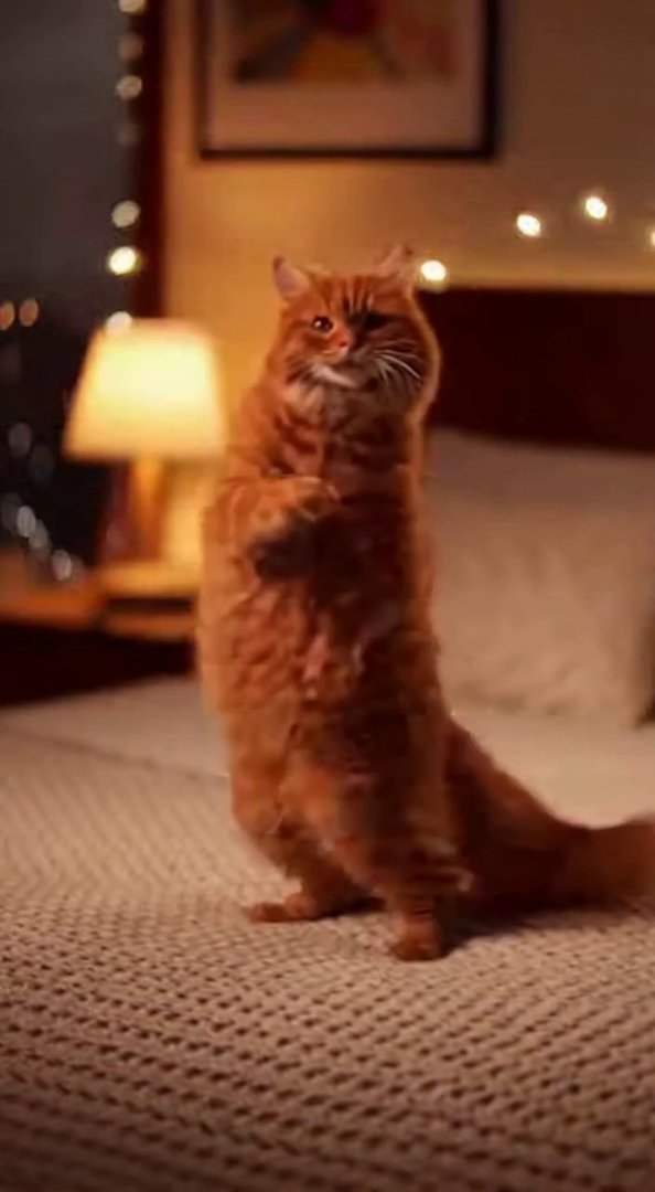 [Sora 2] Vidéo ultra réaliste d’un chat à fourrure rousse, debout sur un lit dans une chambre cosy la nuit.
... - Veo 3 AI video prompt thumbnail