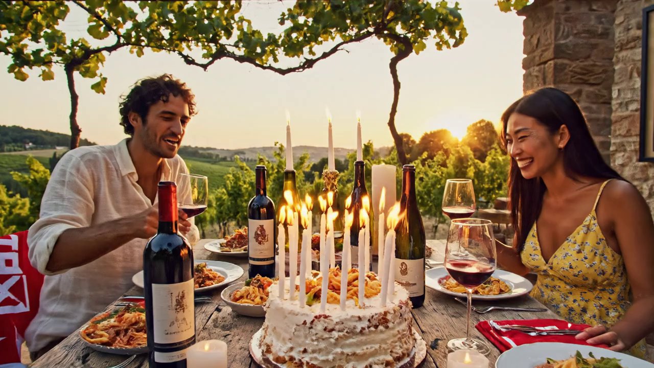 Warm Italian countryside terrace at golden hour, r... - Veo 3 AI video prompt thumbnail