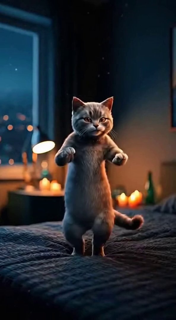 [Sora 2] Vidéo ultra réaliste, en intérieur, de nuit.
Un chat réaliste, vu en entier, se tient debout sur un... - Veo 3 AI video prompt thumbnail