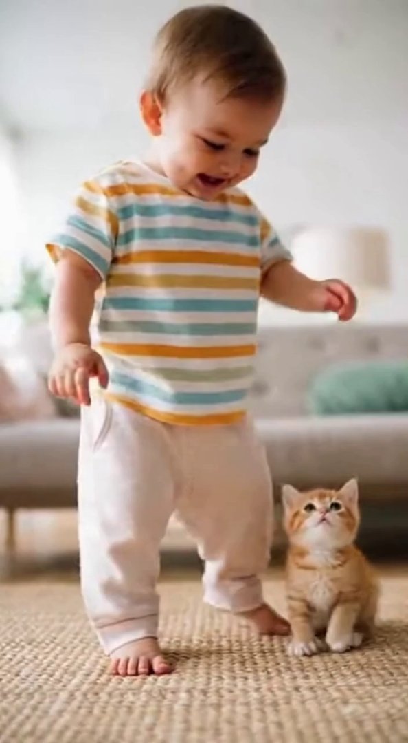 [Sora 2] Vidéo ultra réaliste en format vertical dans un salon moderne et lumineux. Un bébé d’environ un an, ... - Veo 3 AI video prompt thumbnail