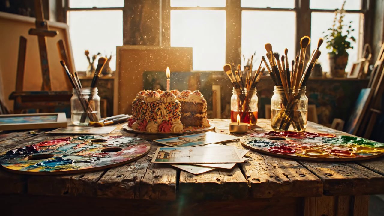 A cozy artist's studio bathed in warm golden hour ... - Veo 3 AI video prompt thumbnail