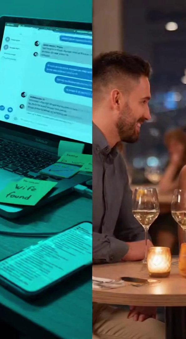 [Sora 2] {
  "shot": {
    "composition": "Split-screen: left side shows laptop & phones chaos, right side ... - Veo 3 AI video prompt thumbnail