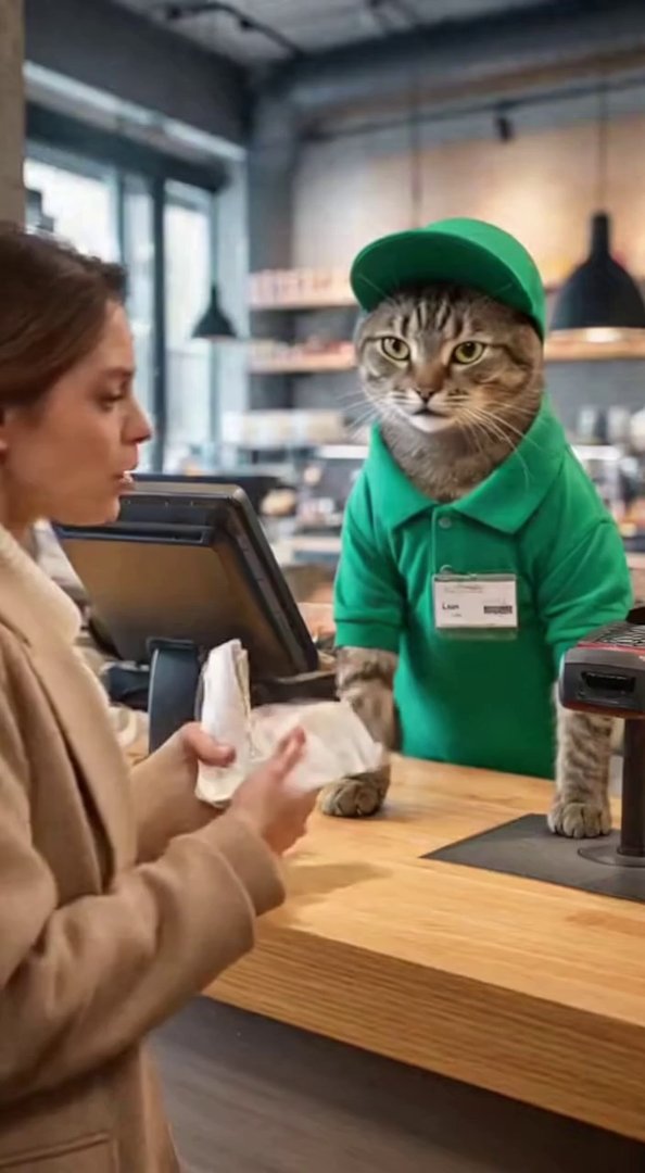 [Sora 2] *« Crée une scène vidéo hyper réaliste dans un magasin moderne, à la caisse.
On voit un chat réel, ... - Veo 3 AI video prompt thumbnail