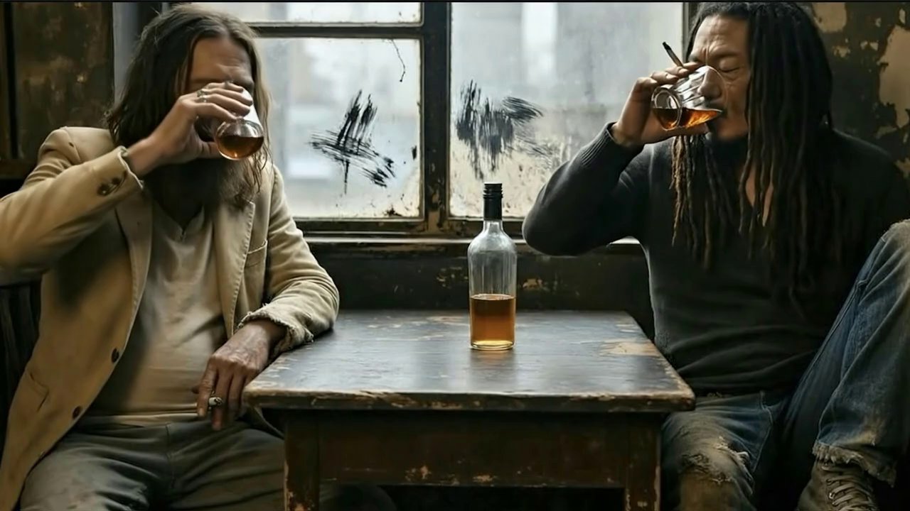 The men placed the glass back on the table and loo...