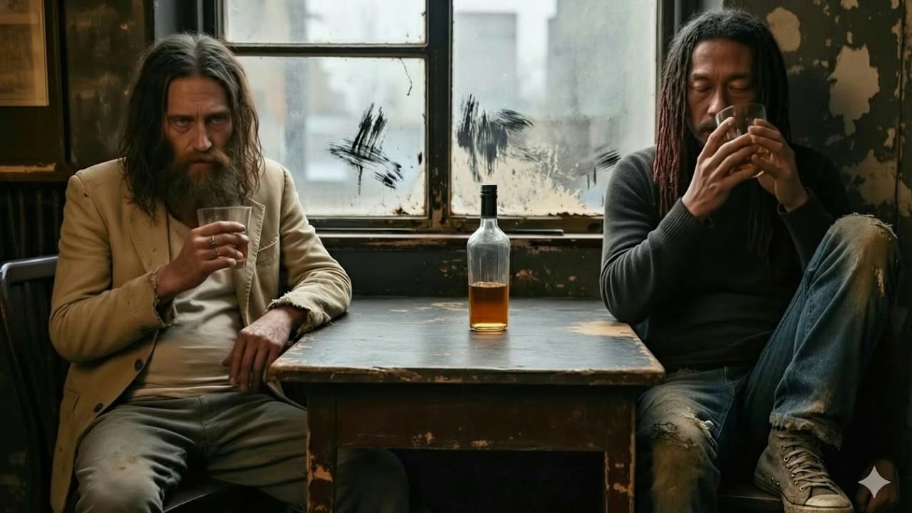 The two men finish their glasses and place them ba...