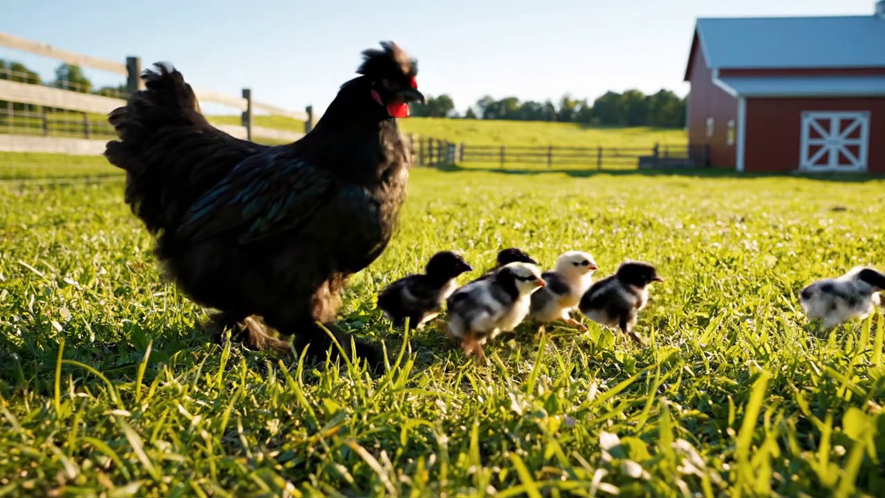 a chicken walking on a farm with small chickens be...