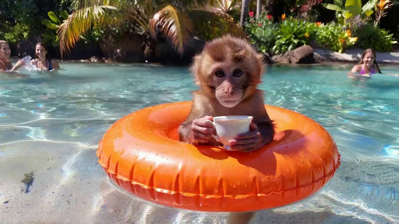 Tiny Monkey's Teacup Float: Adorable Pool Relaxation