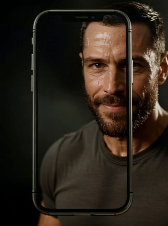 [Seedance 1.5 Pro] close up of a smartphone glowing in a dark room, on the screen a confident muscular bearded man looking directly at camera, dramatic high contrast lighting, pow - Veo 3 AI video prompt thumbnail