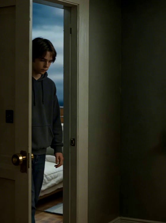 [Seedance 1.5 Pro] teenage boy slowly entering a small dim bedroom and sitting down at a desk, cold evening light coming from the window, quiet atmosphere, subtle movement, realis - Veo 3 AI video prompt thumbnail