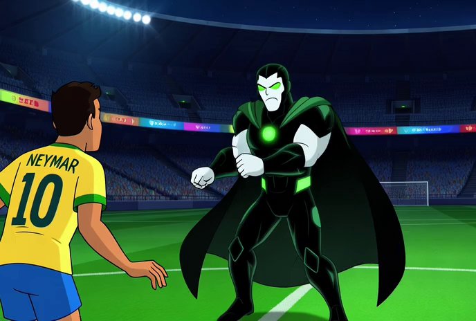 [Grok Imagine Video] 6 second animated cartoon action video, exaggerated cinematic style, no blood, high energy, dynamic camera, dramatic music. 0–2 seconds: Night football stadium. - Veo 3 AI video prompt thumbnail