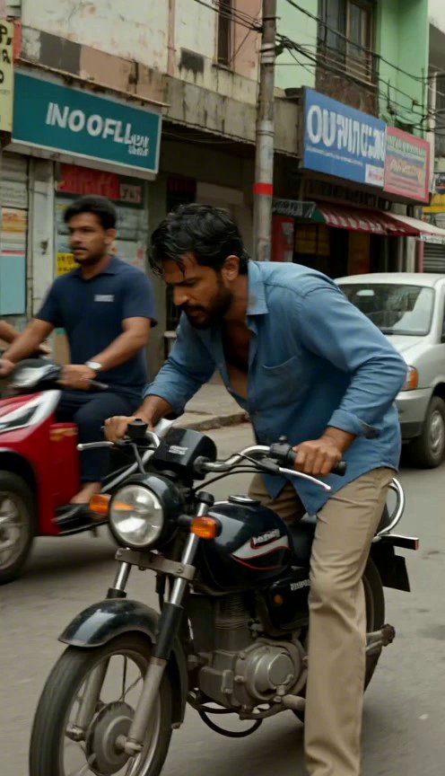 [Seedance 1.5 Pro] Funny scene of a biker pushing his motorcycle on the road because the petrol pump has no fuel. The biker looks tired and frustrated. Busy Bangladeshi street, da - Veo 3 AI video prompt thumbnail