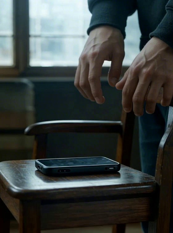 [Seedance 1.5 Pro] close-up of a teenage boy's hands reaching to pick up a smartphone from a chair in a dimly lit room, cold cinematic lighting, muted colors, realistic skin textu - Veo 3 AI video prompt thumbnail