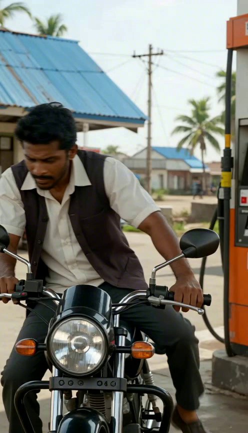 [Seedance 1.5 Pro] At a petrol pump in Bangladesh, a biker asks the worker for fuel but the worker shakes his head and shows there is no fuel. The biker looks surprised and confus - Veo 3 AI video prompt thumbnail