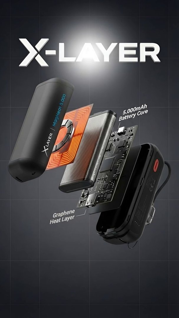 [Grok Imagine Video] A hyper-detailed 4K CGI technical deconstruction animation of the X-Layer MagHeat 5.000. Starting from the angled perspective of the device, the matte black out - Veo 3 AI video prompt thumbnail