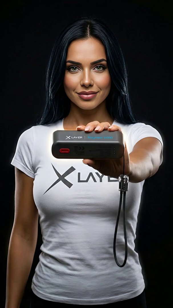 [Veo 3.1 Fast] Studio commercial shot. The woman stands confidently against a black background. She holds the MagHeat 5.000 toward the camera, the sleek black lanyard draped e - Veo 3 AI video prompt thumbnail