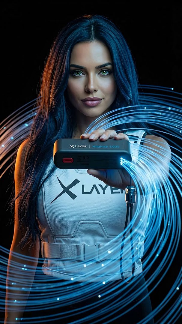 [Veo 3.1 Fast] A high-end cinematic 4K CGI scene starting with a close-up of the woman from the reference image. She holds the MagHeat 5.000 device between her hands. As she p - Veo 3 AI video prompt thumbnail