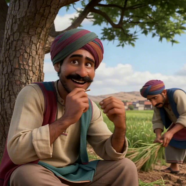 [Seedance 1.5 Pro] Two funny Pakistani Punjabi farmers in turbans, one cutting grass sweating, the other sitting under a tree picking teeth, Pixar 3D animation style, bright sunny
