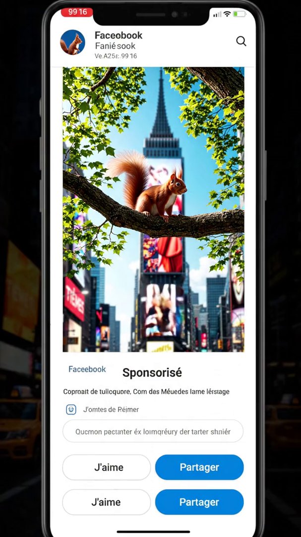 Veo 3.1 Lite: A vertical 9:16 smartphone screen recording of a Facebook feed in French, static camera, no scrolling. The top sponsored post shows a huge photorealistic 3D ana