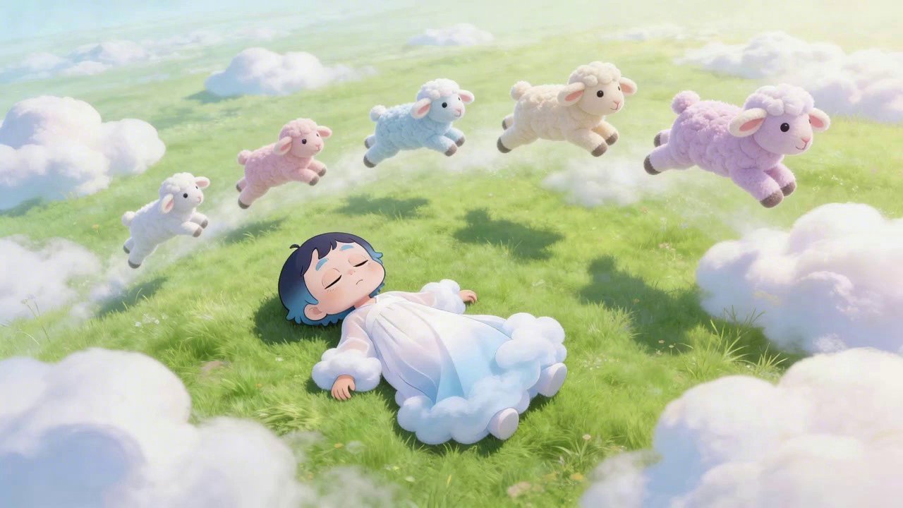 [Seedance 1.5 Pro] [Camera]: slow crane down and pan right, sinking deeper into the magical, floating atmosphere. [Action]: soft plush sheep bound in slow, gravity-defying arcs, m