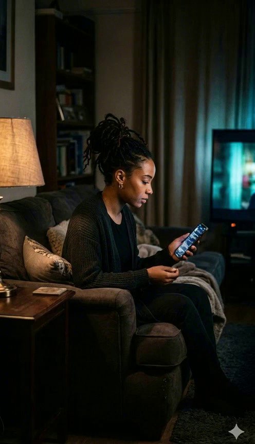 [Seedance 1.5 Pro] Scene 1 – Alone, Normal Start • Background: Dark living room, TV flickering, lamp dim • Action: Alex scrolls phone or watches TV, unaware • Sound: Soft creaks,