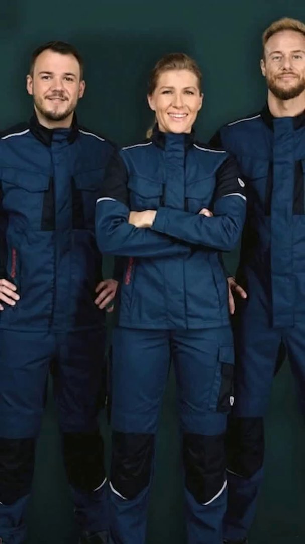 [Veo 3.1 Fast] Use the uploaded team photo as the exact visual reference and first frame. Create an 8-second premium B2B LinkedIn video about innovation in protective workwear - AI video prompt thumbnail