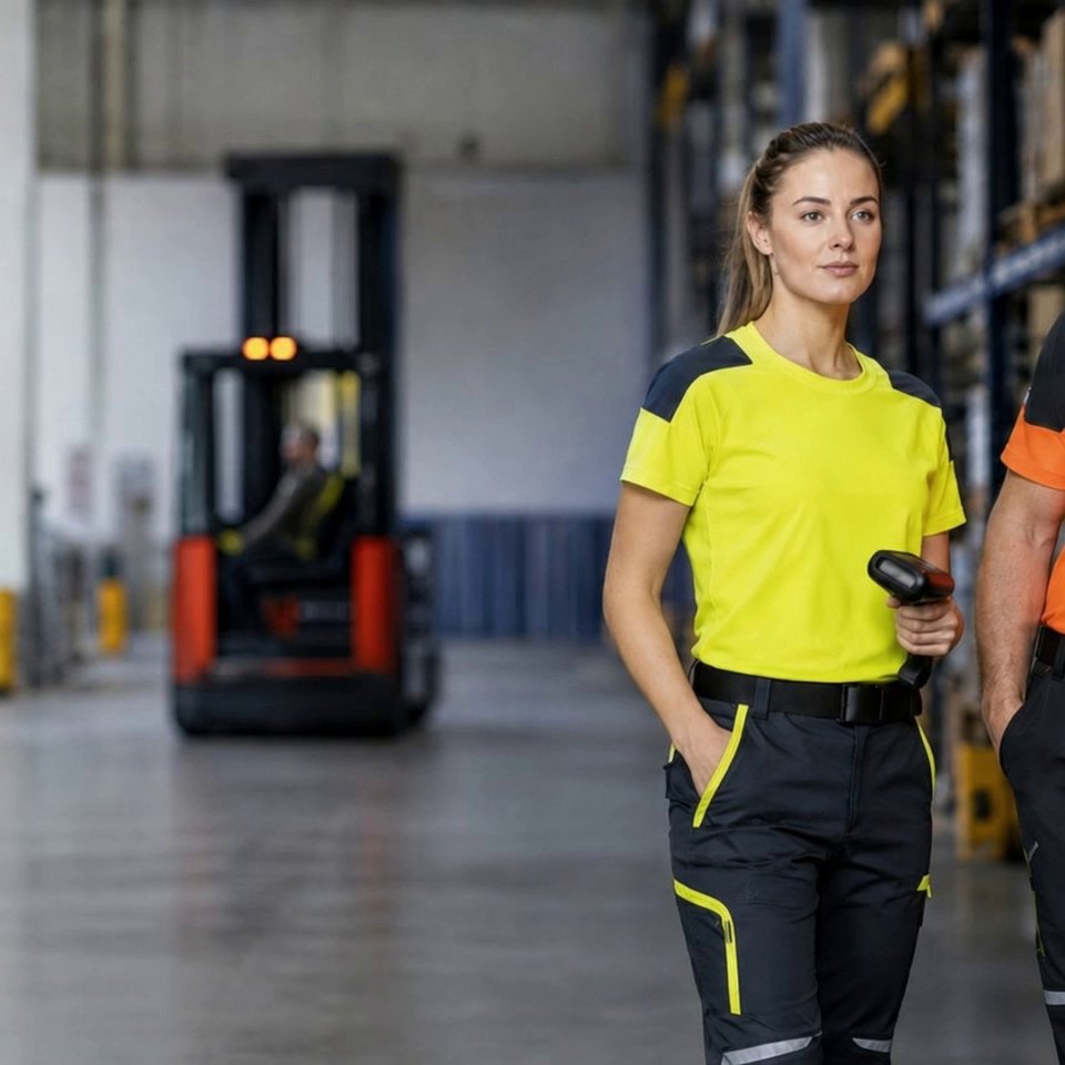 [Kling 3.0] Use the uploaded image as the exact opening frame and preserve the woman's face, body proportions, fluorescent yellow work shirt, dark work trousers, handheld s - AI video prompt thumbnail
