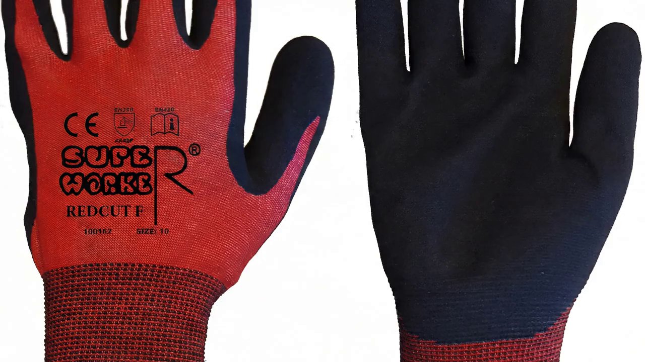 [Veo 3.1 Fast] Create a photorealistic 16:9 industrial work video using the uploaded SUPER WORKER® REDCUT F glove image as the exact visual reference. Show a worker wearing bo - AI video prompt thumbnail