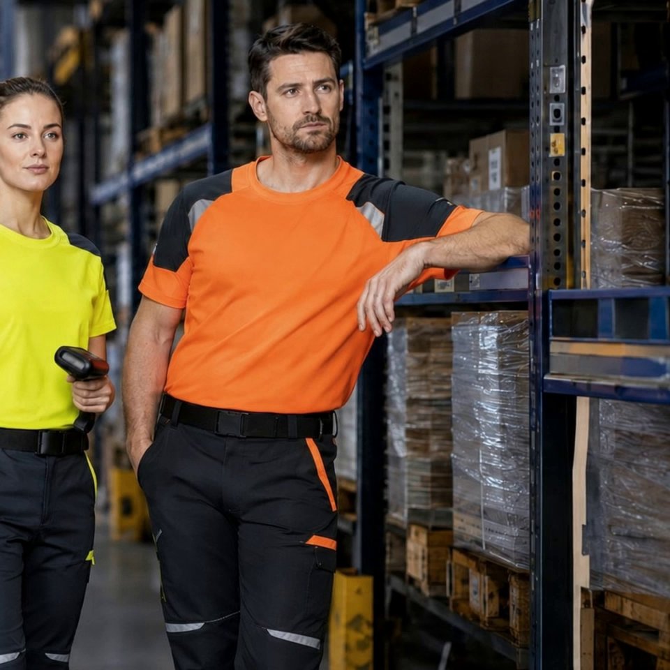 [Kling 3.0] Use the uploaded image as the exact opening frame and preserve the male worker's face, hairstyle, beard, body proportions, orange work shirt, dark work trousers - AI video prompt thumbnail